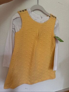 Caramel Yellow Textured Pinafore Dress with White Long Sleeve Top